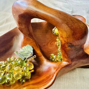 Vintage Extra large Two Sided Carved Wooden Bowl with Handle